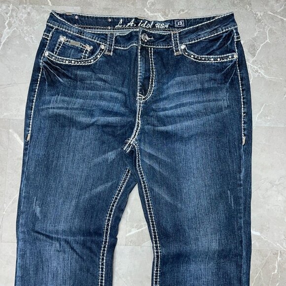 LA Idol Jeans Womens 19 Embellished Embroidered Dark Wash Bedazzled 41x34 - Picture 5 of 12